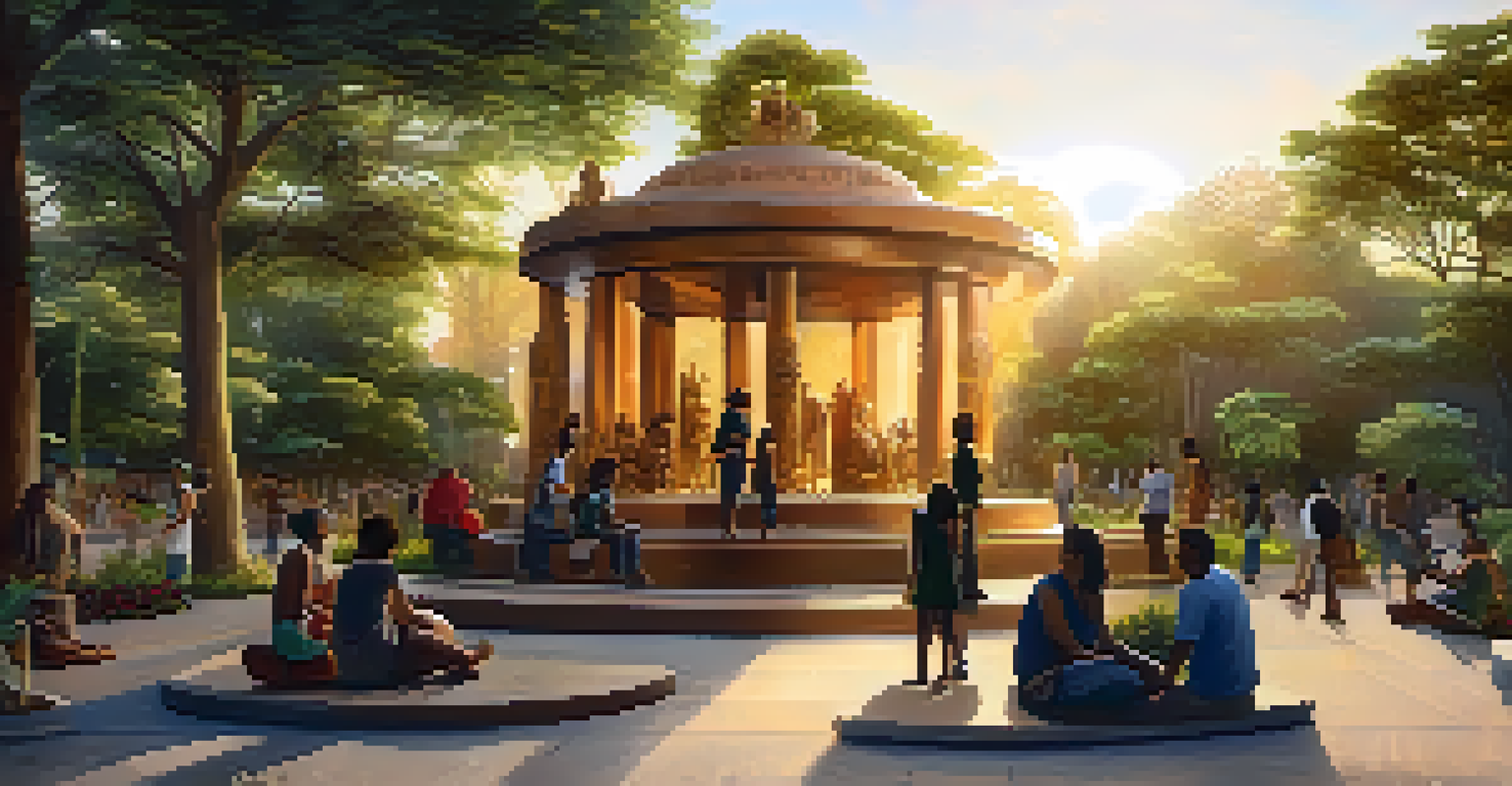 A completed collaborative sculpture in a public space, surrounded by people and greenery, illuminated by the setting sun.