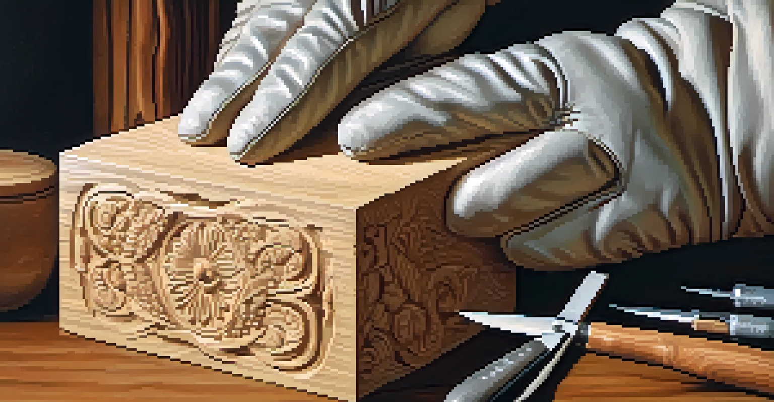 Close-up of hands in cut-resistant gloves carving a design into a wooden block, showcasing intricate details and textures.