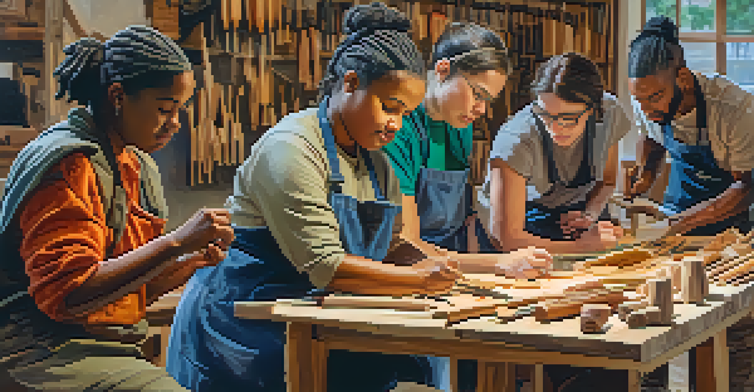 A mixed group of male and female carvers learning and sharing techniques in a friendly workshop environment.