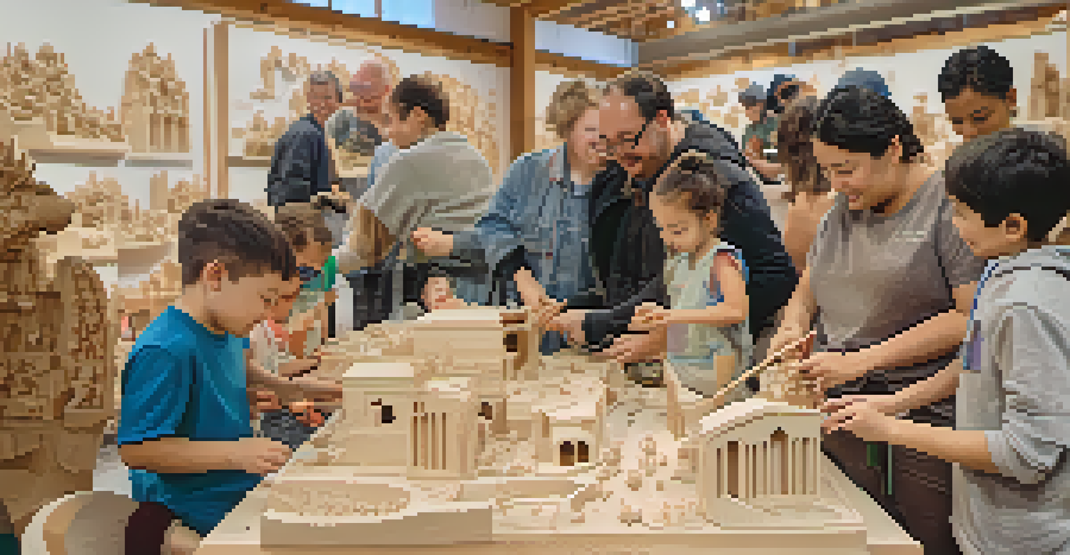 A community workshop at an art exhibition with people carving wood, filled with completed sculptures and creative energy.