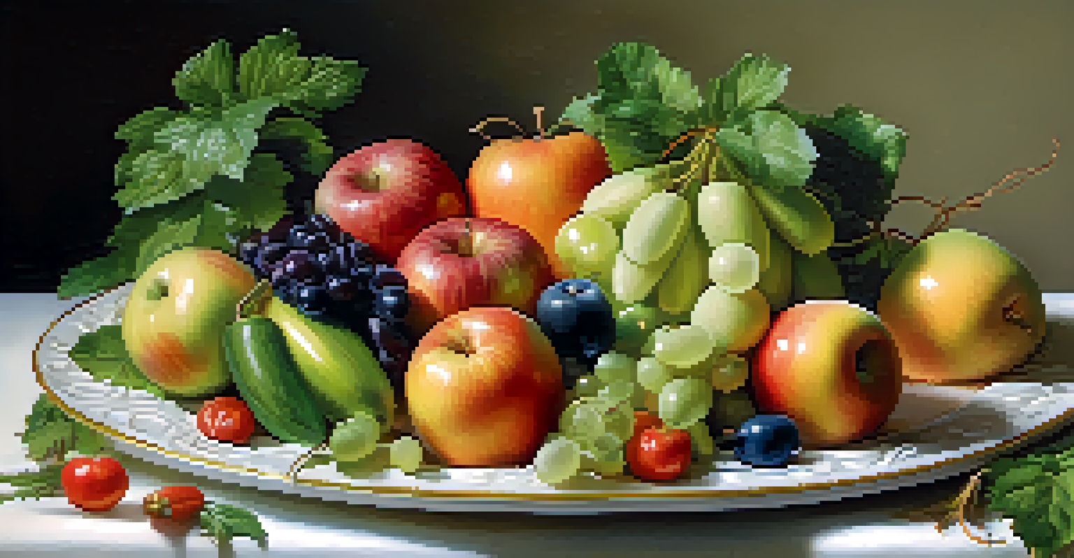 A plate of assorted fruits and vegetables with intricate carvings, presented elegantly.