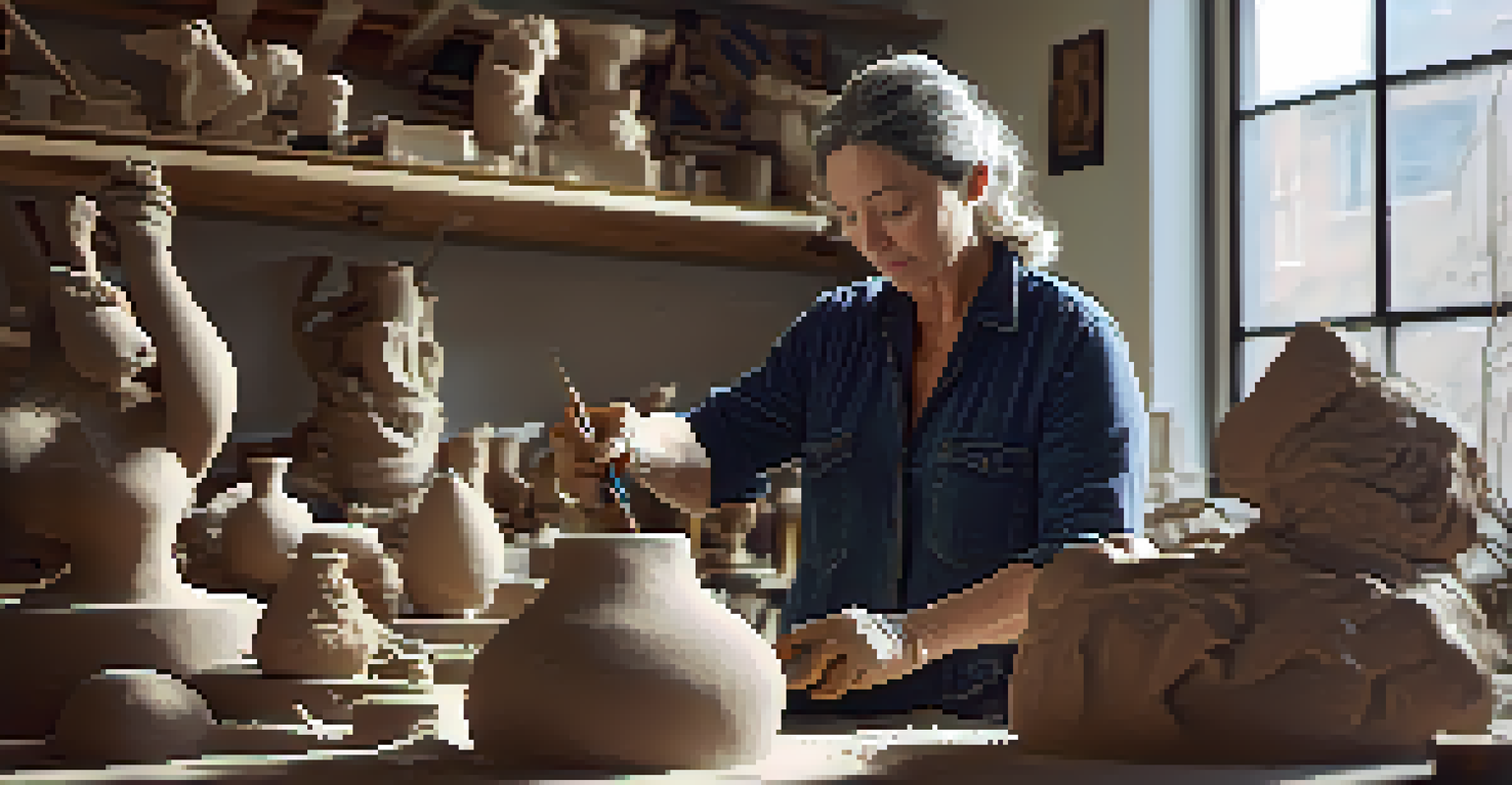 A sculptor shaping a clay sculpture in a sunlit studio, surrounded by art supplies and other sculptures.