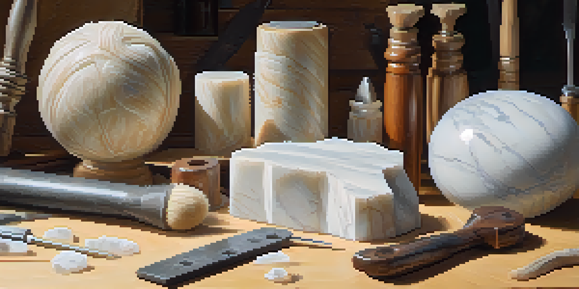 A close-up of a marble stone carving in progress with tools around, illuminated by soft natural light.