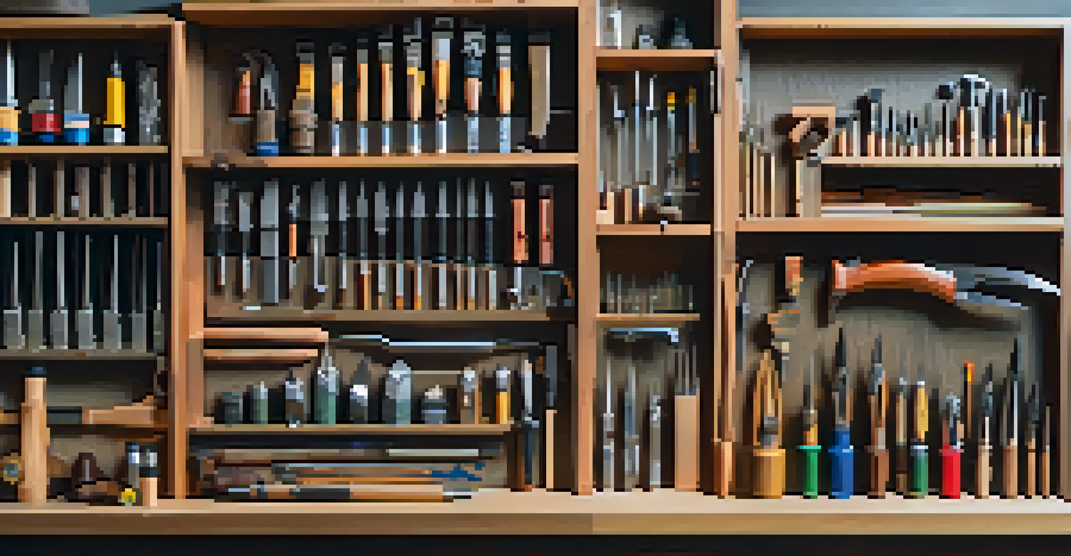 A collection of modern and traditional carving tools on a workbench, set against a blurred workshop background.