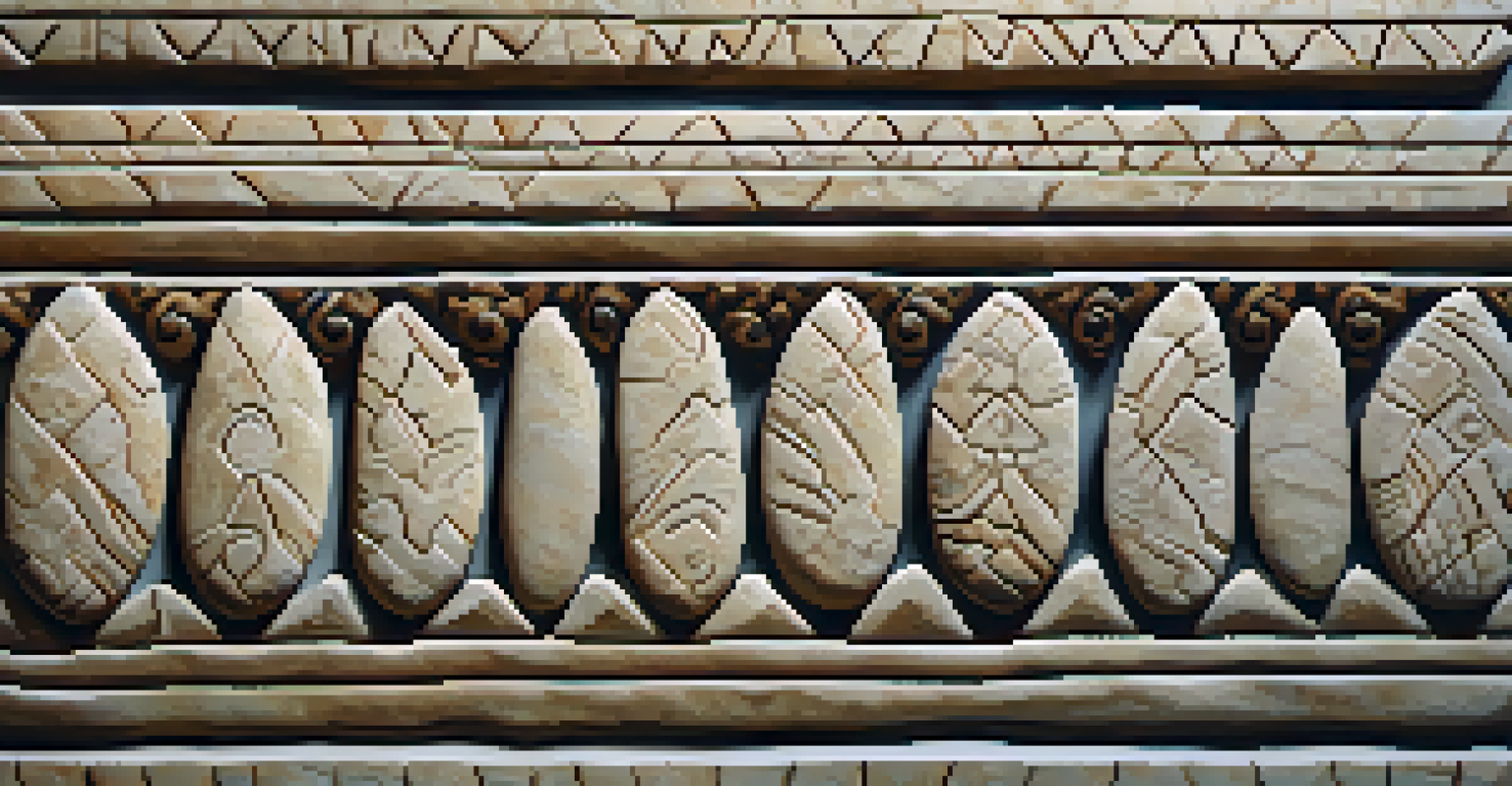 A close-up of a carved stone piece with detailed engravings and natural textures, illuminated by bright light, with a blurred background.