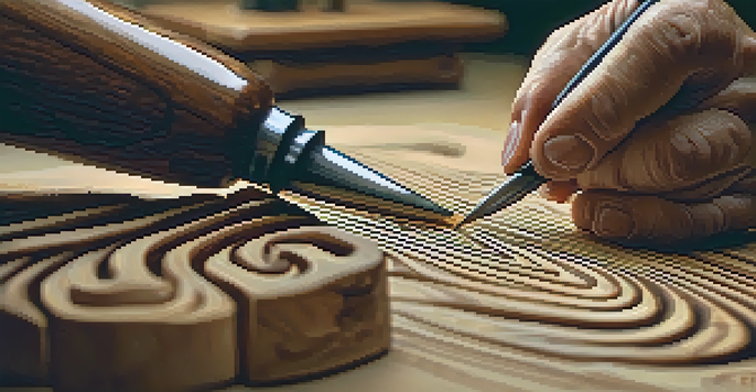A close-up of hands carving patterns into wood with tools in a warm, softly lit environment.
