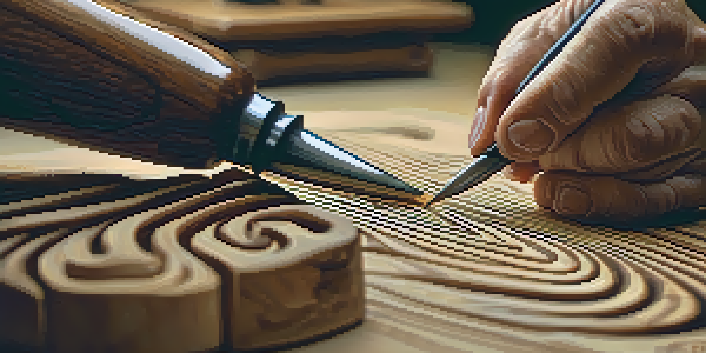A close-up of hands carving patterns into wood with tools in a warm, softly lit environment.