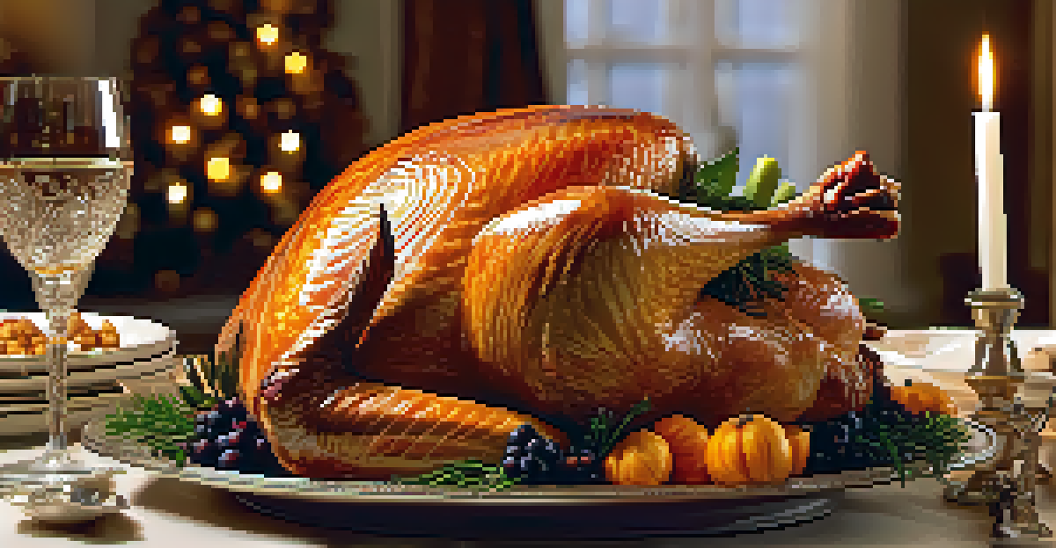 A carved turkey on a dining table with a carving knife, surrounded by decorative items and candles.