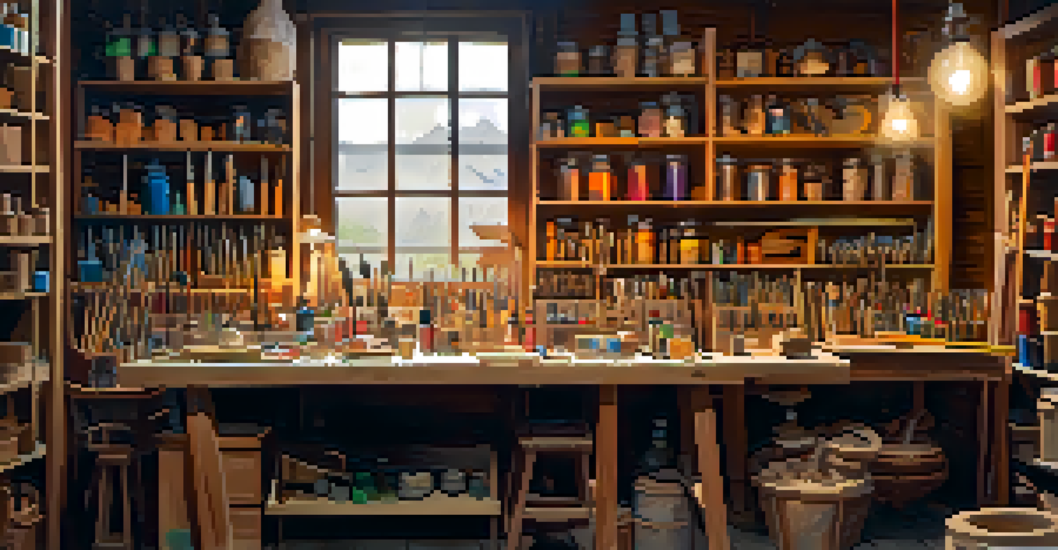 An artist's workshop with carved props and tools, showcasing a creative and colorful environment.