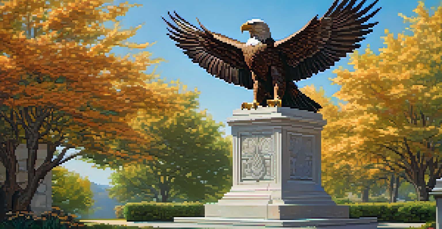 A monumental bronze sculpture of a majestic eagle on a stone pedestal, surrounded by colorful flowers and grass under a blue sky.