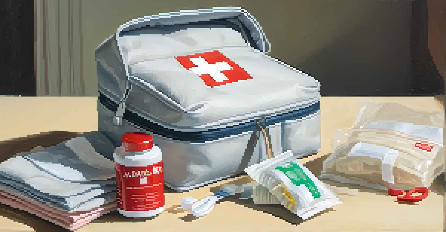 An open first aid kit on a table displaying antiseptic wipes, bandages, and scissors in a neutral setting.
