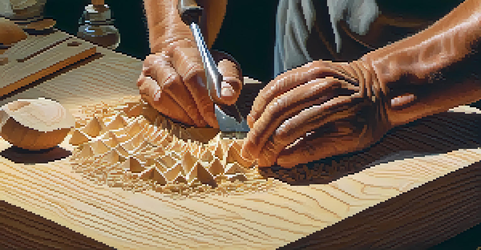 A close-up of hands carving soft pine wood with detailed shavings visible.