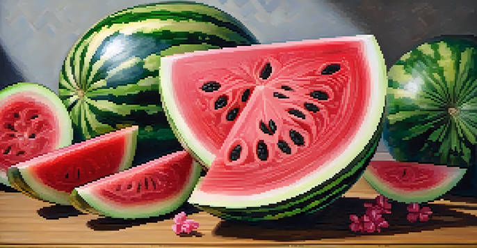 A carved watermelon designed to resemble a blooming flower, placed on a wooden table with fresh fruits around it.