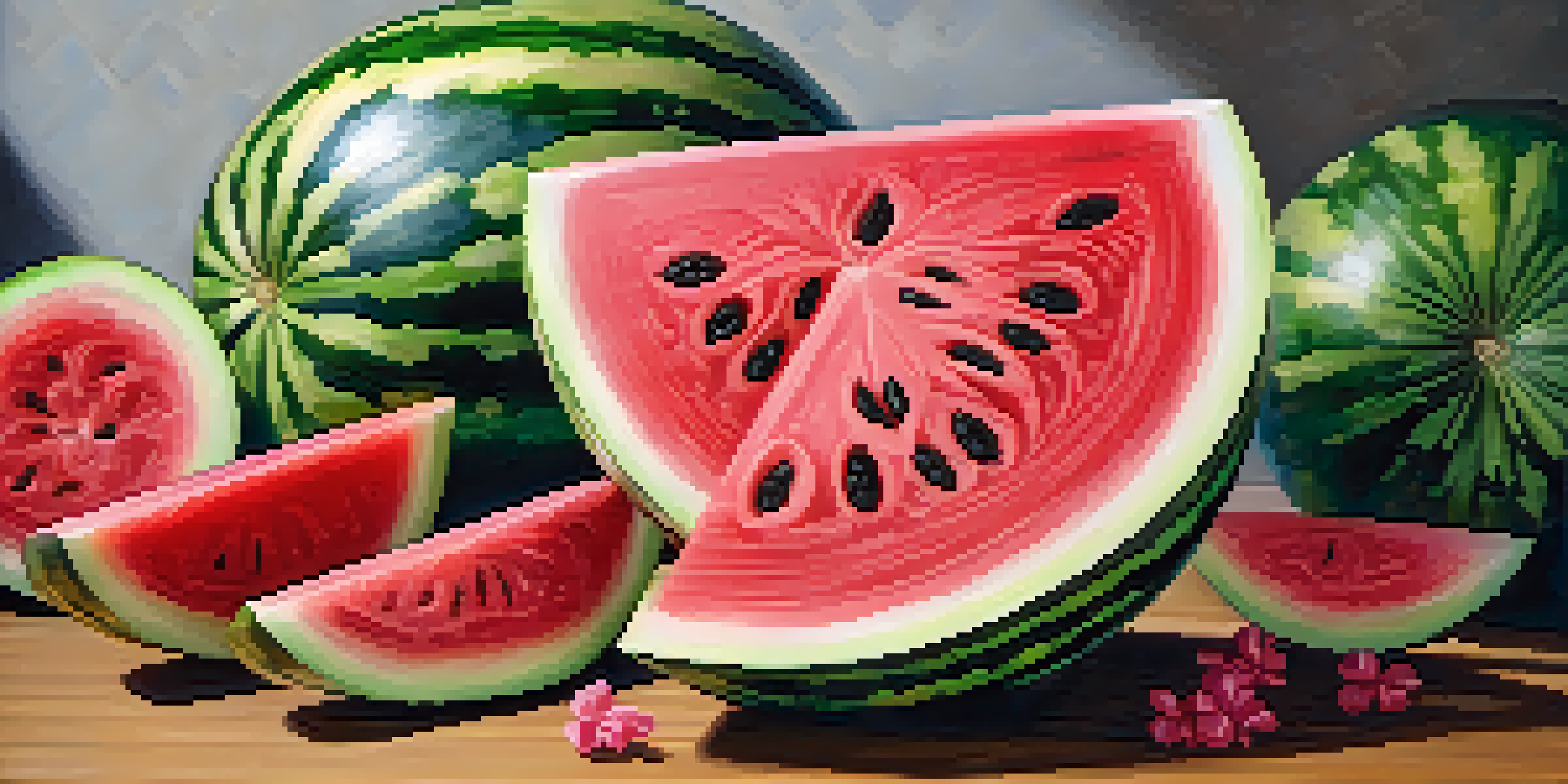 A carved watermelon designed to resemble a blooming flower, placed on a wooden table with fresh fruits around it.