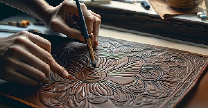 A designer's hands carving intricate patterns into leather, showcasing the artistry and tools used in the process.