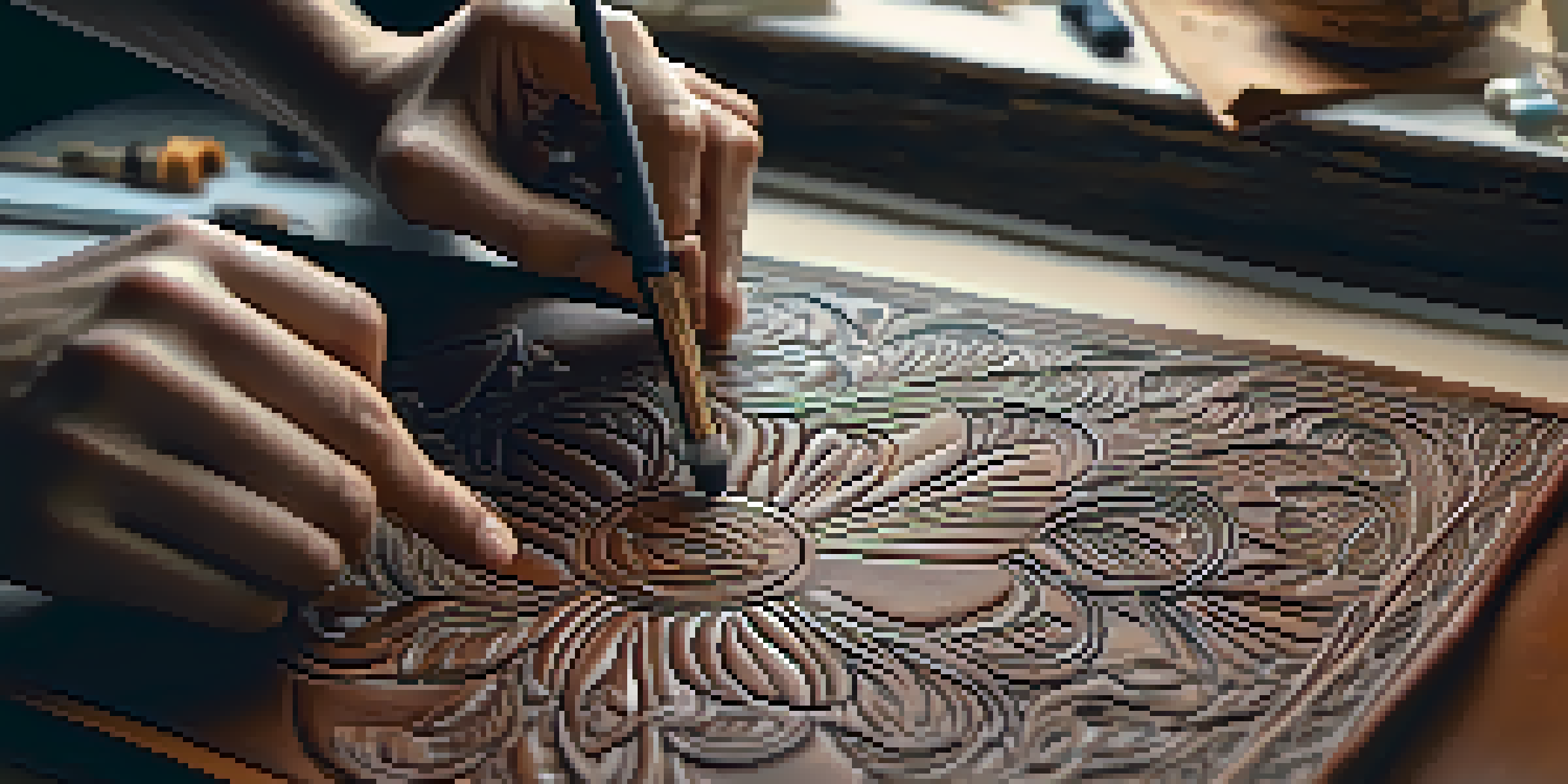 A designer's hands carving intricate patterns into leather, showcasing the artistry and tools used in the process.