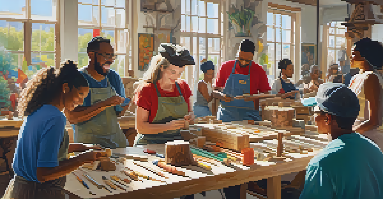 A diverse group of people in a carving workshop, sharing their creations and enjoying a lively atmosphere filled with colorful artworks.