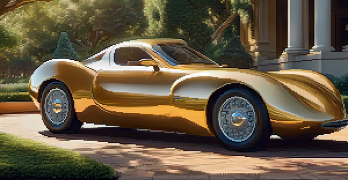 An outdoor marble sculpture illuminated by sunset, surrounded by greenery, casting long shadows.