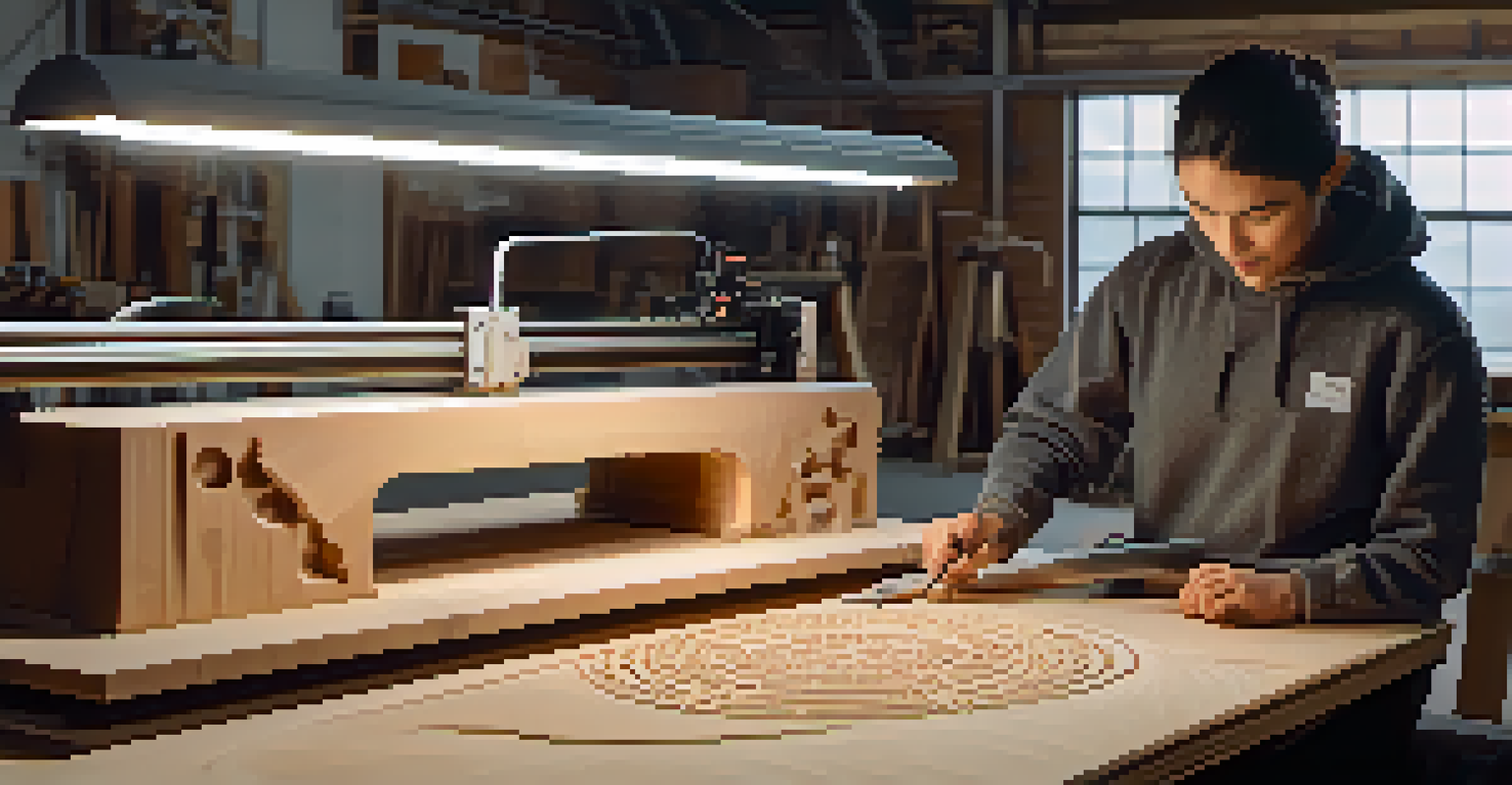 An artist operating a CNC machine to carve detailed patterns in a wooden block, surrounded by modern tools in a well-lit workshop.