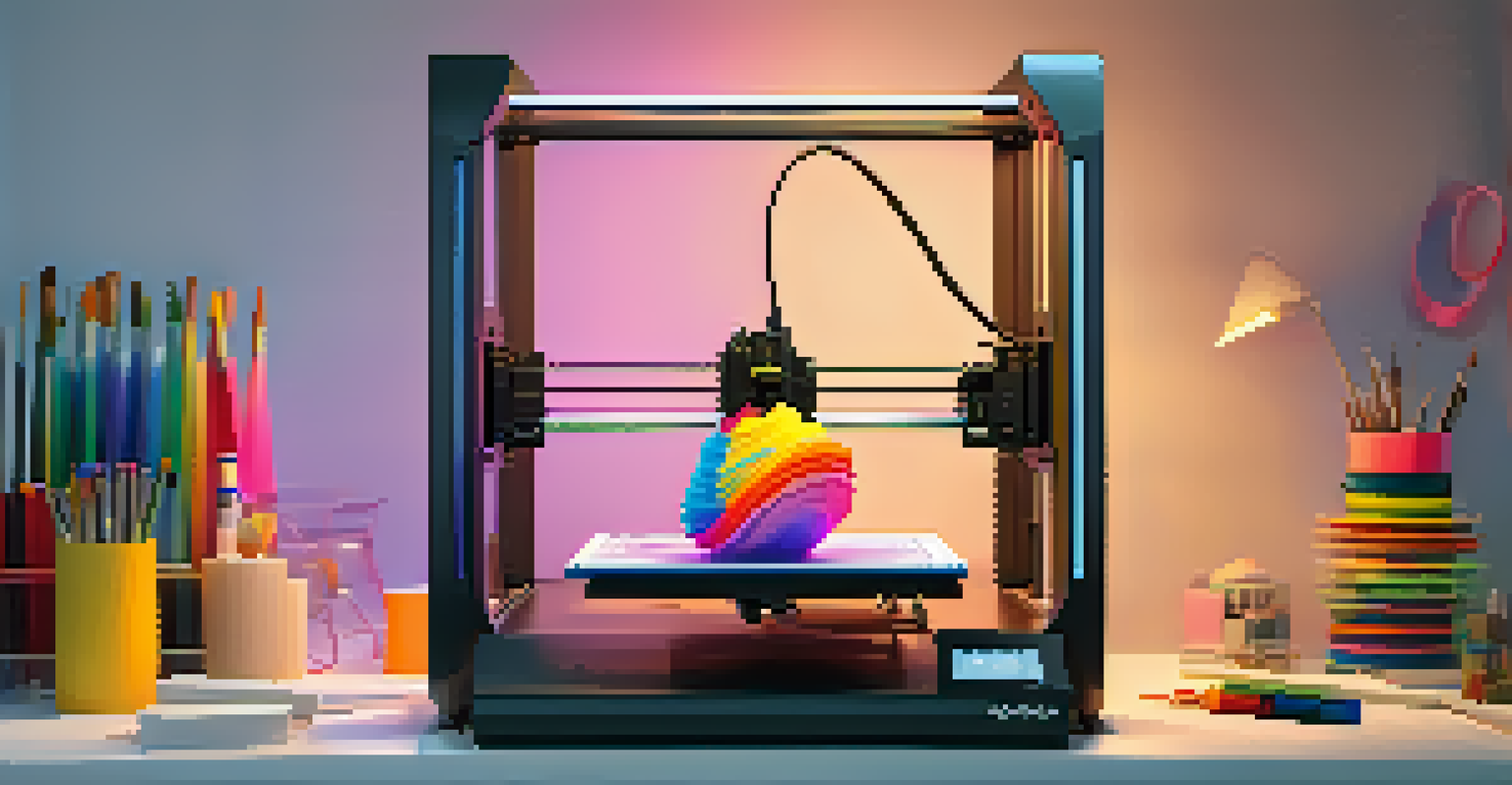 A 3D printer creating a colorful figurine, surrounded by art supplies and sketches in a cozy studio.