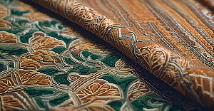 A detailed close-up of carved fabric with intricate patterns, illuminated by natural light, featuring warm earthy colors.