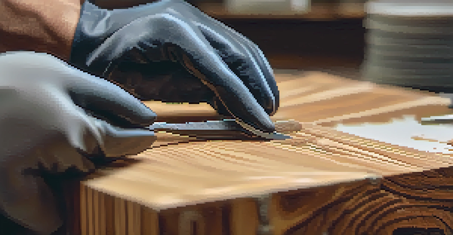 Close-up of hands carving wood with gloves and a chisel.