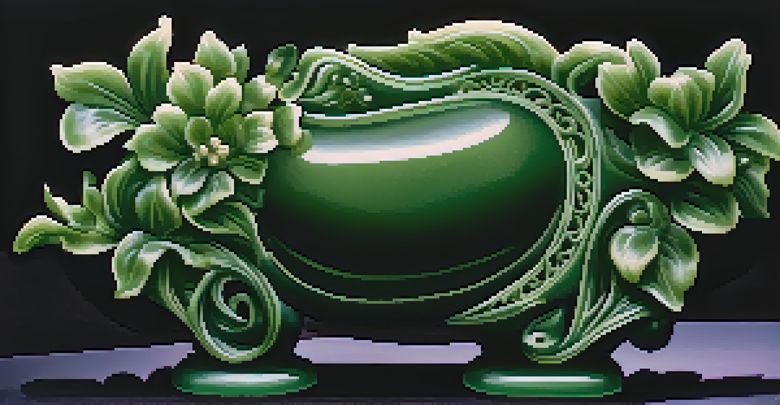 A close-up of a beautiful jade carving on a dark velvet cloth, emphasizing its intricate details and rich green color under soft lighting.