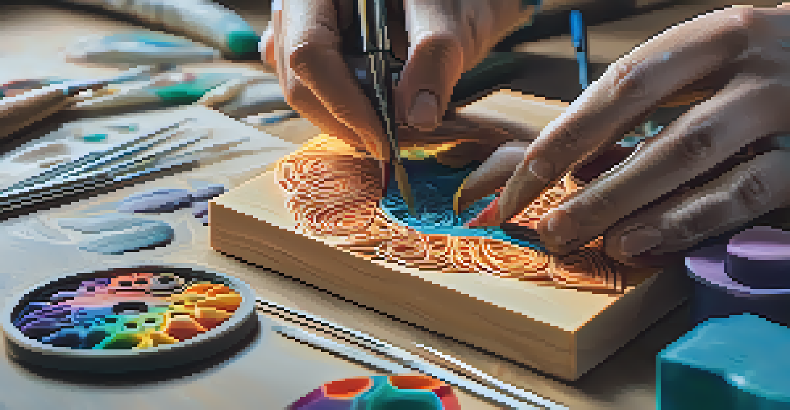 An artist's hands carving detailed designs into a colorful block of polymer in a well-lit workspace.