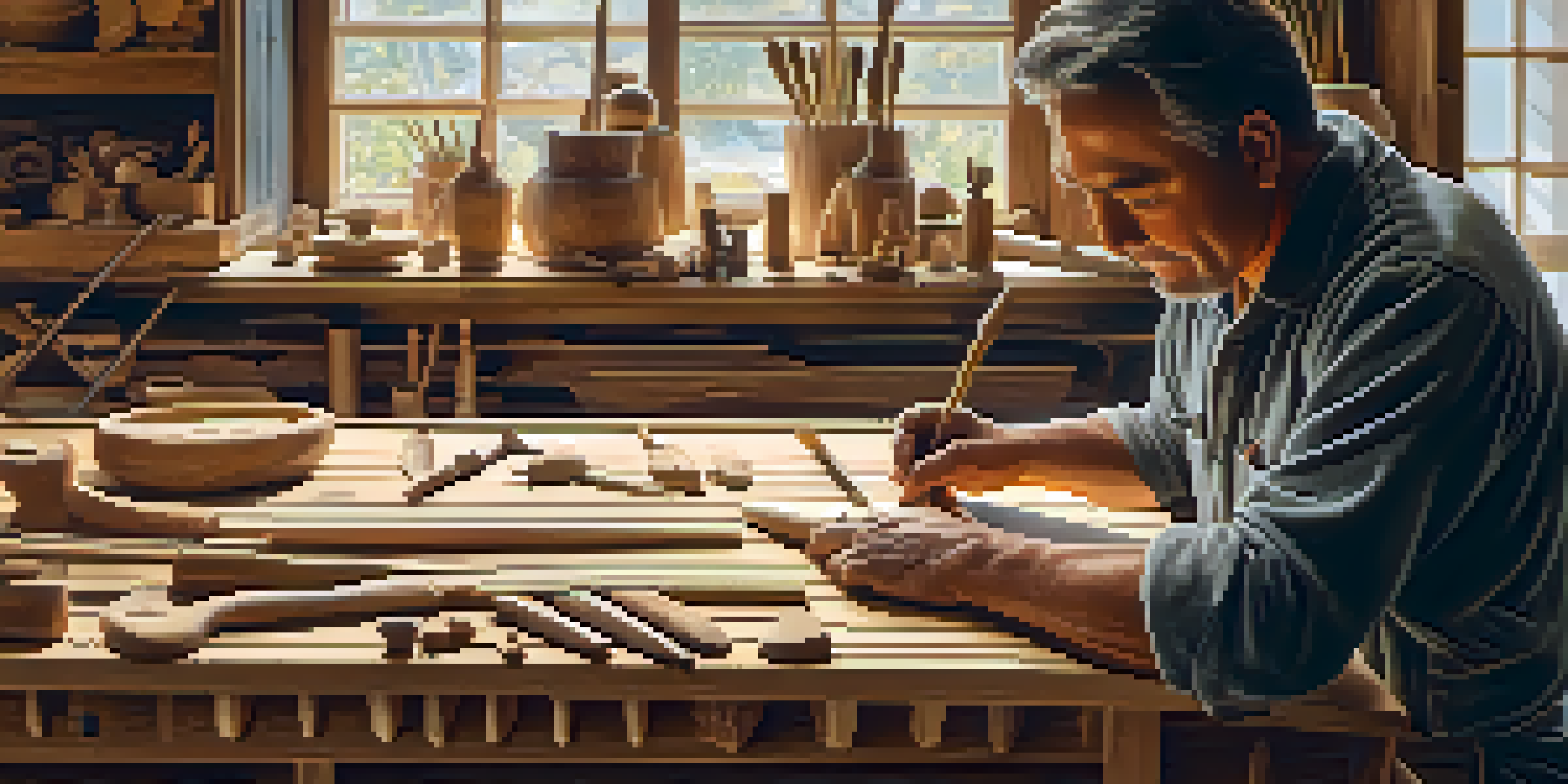 An artisan carving a wooden relief, with hand tools and warm natural light in a cozy workshop.