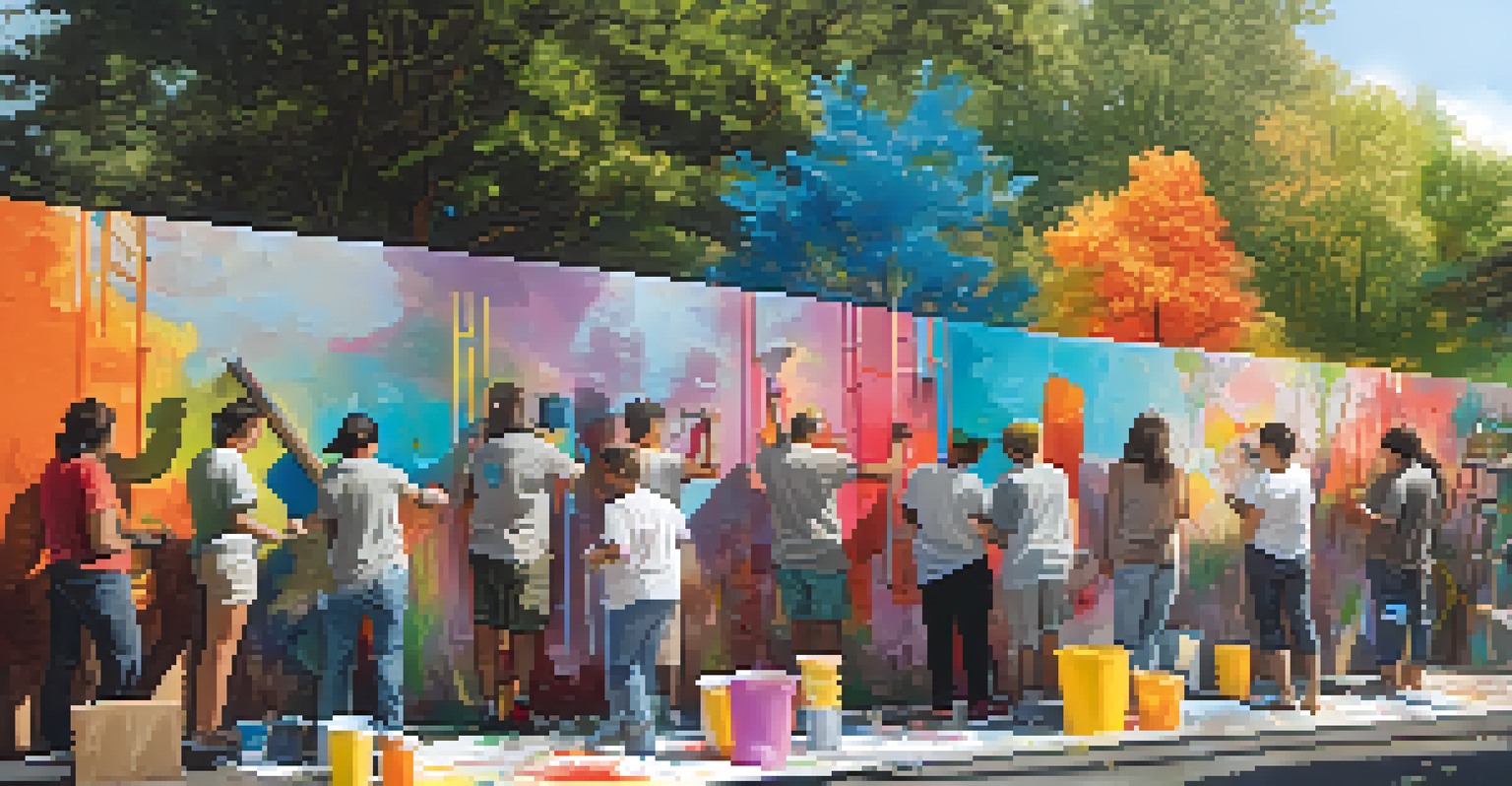 Local artists collaborating on a vibrant mural, with paint cans and brushes scattered around.