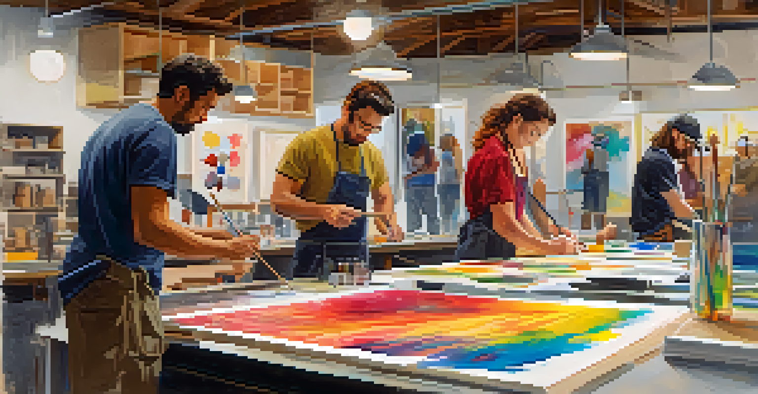 Artists working in a lithography workshop, surrounded by colorful inks and printed posters.