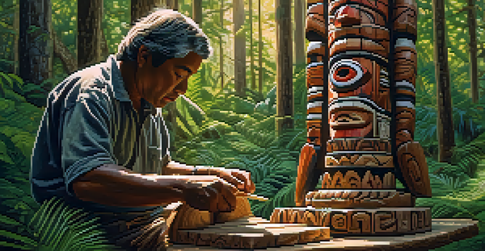 An Indigenous artisan working on a totem pole in a forest, with sunlight filtering through the trees, highlighting the intricate carvings and textures.