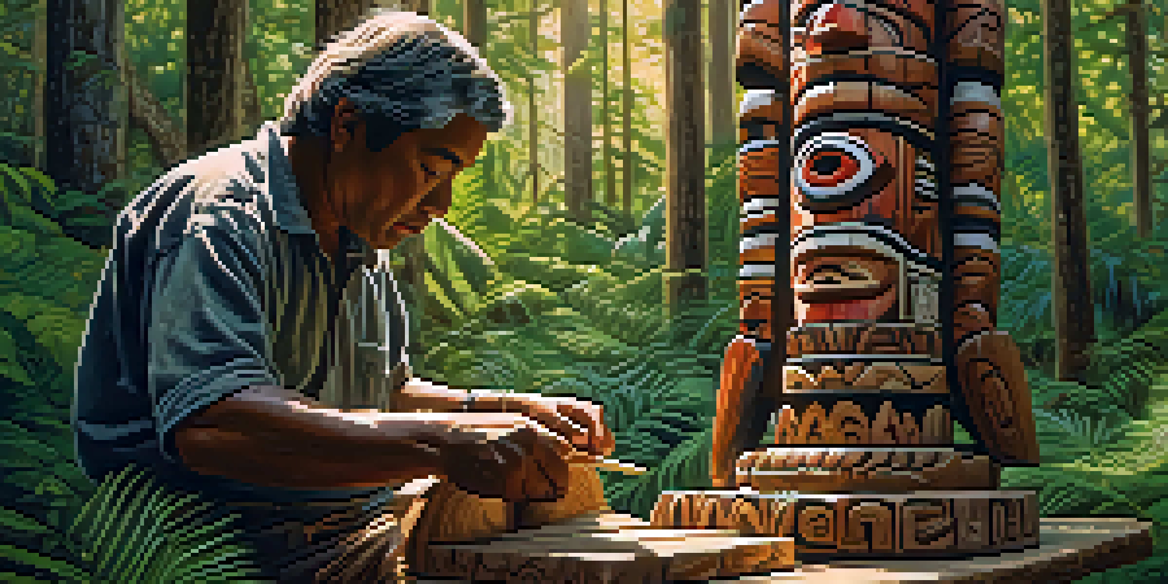 An Indigenous artisan working on a totem pole in a forest, with sunlight filtering through the trees, highlighting the intricate carvings and textures.