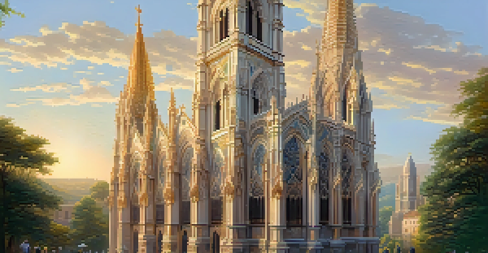 A Gothic cathedral facade with detailed stone carvings, illuminated by sunset light, surrounded by trees.