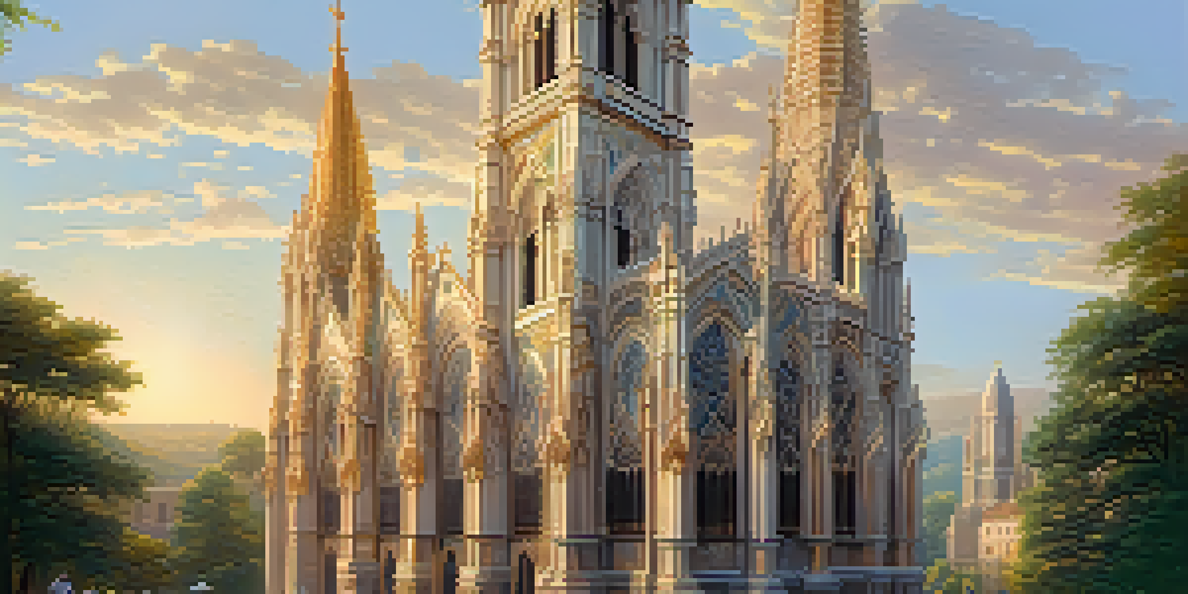 A Gothic cathedral facade with detailed stone carvings, illuminated by sunset light, surrounded by trees.