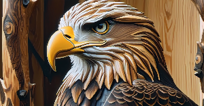 A detailed wooden carving of an eagle on a tree branch, showcasing fine feather and bark textures in natural light.