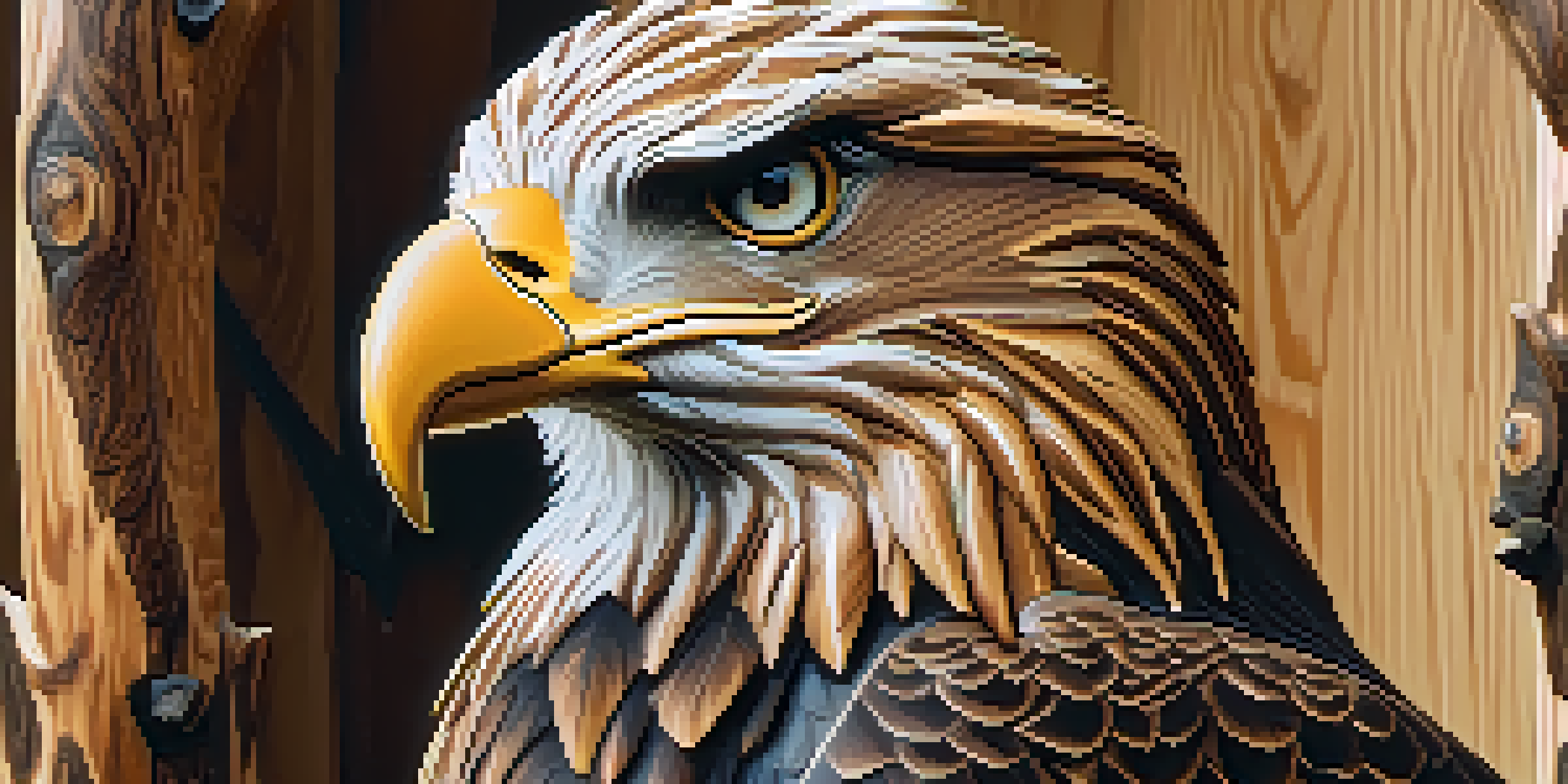 A detailed wooden carving of an eagle on a tree branch, showcasing fine feather and bark textures in natural light.