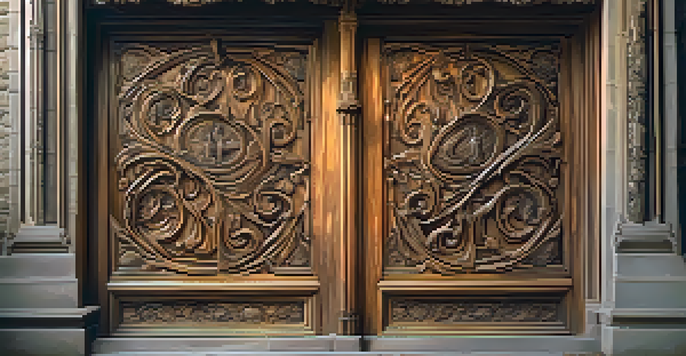A close-up of a wooden door with intricate Gothic carvings illuminated by warm golden light.