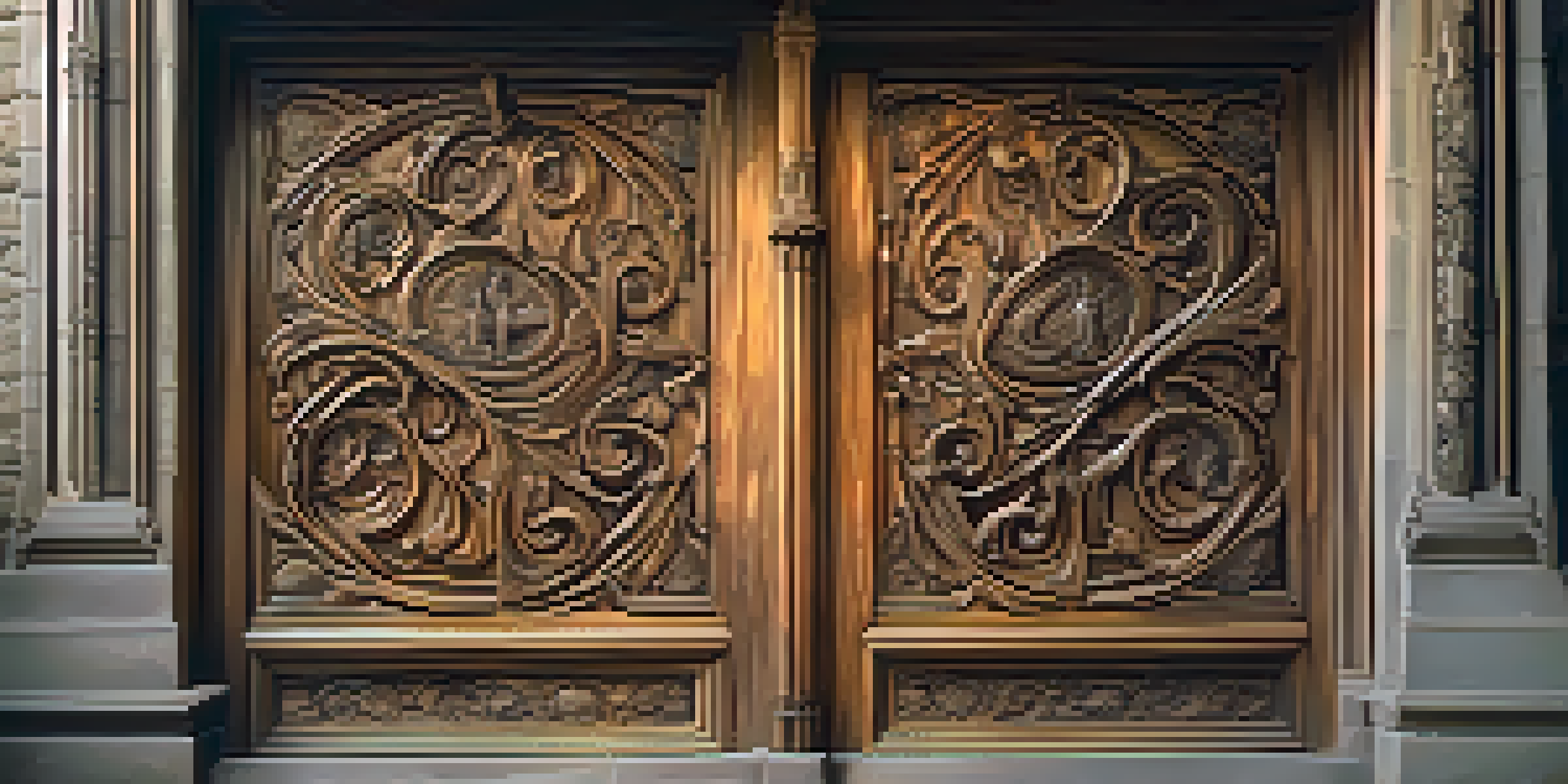 A close-up of a wooden door with intricate Gothic carvings illuminated by warm golden light.