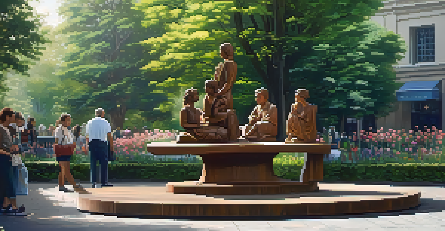 A wooden sculpture representing a historical scene, surrounded by flowers and greenery in a public space with people admiring it.