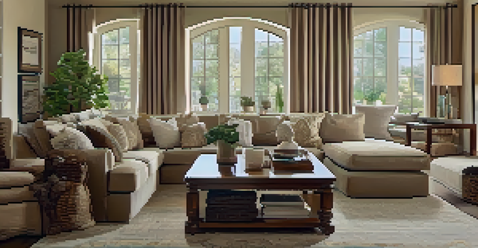 A cozy living room with a carved wooden coffee table, soft lighting, plush sofas, and carved wall art.