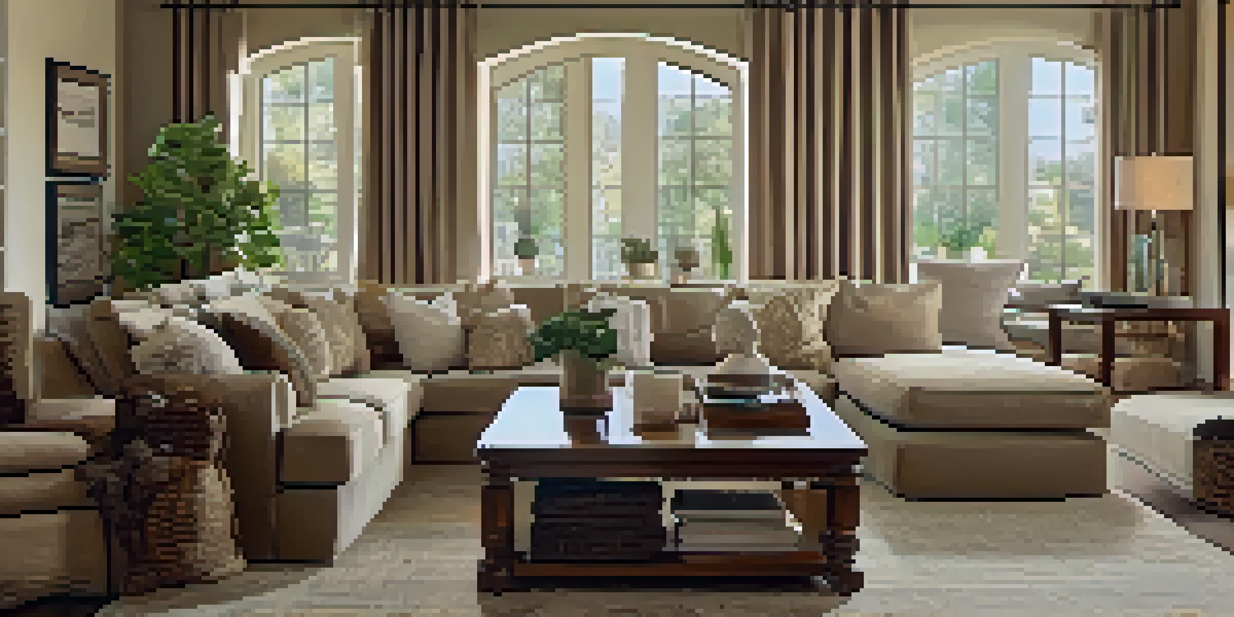 A cozy living room with a carved wooden coffee table, soft lighting, plush sofas, and carved wall art.