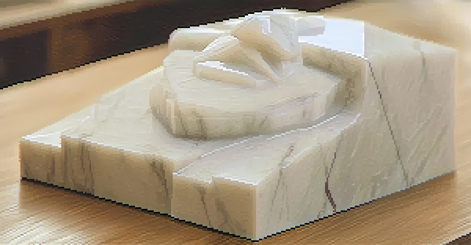 A polished marble sculpture with intricate veining displayed on a textured wooden surface, with polishing tools nearby.