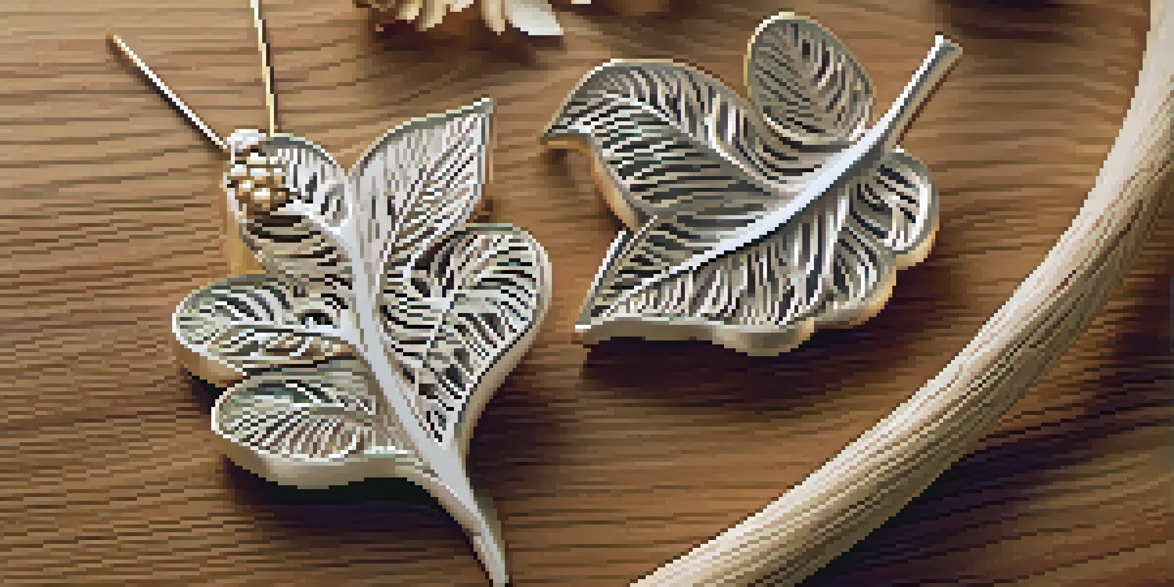 Close-up view of intricately carved wooden jewelry with leaf and flower designs, showcasing detailed textures and natural light.