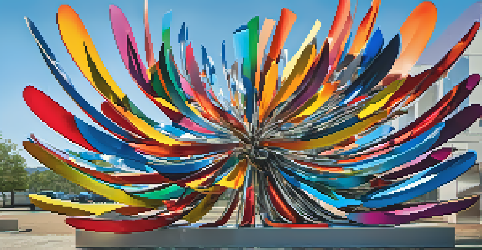 A colorful kinetic sculpture made from metal, moving gently in the breeze against a bright blue sky.