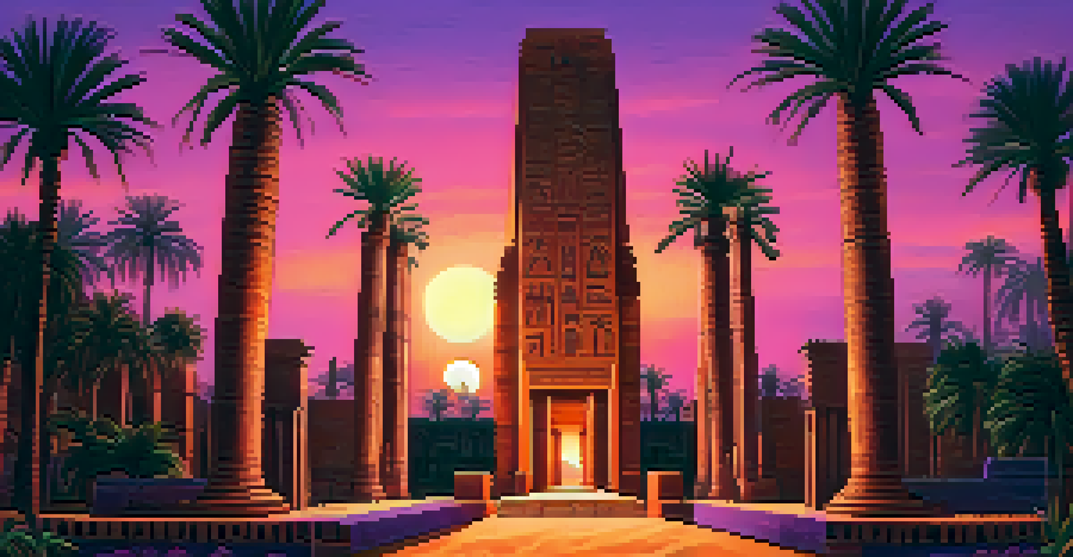 A sunset view of an ancient Egyptian temple with obelisks and palm trees, highlighting the temple's carved details against a colorful sky.
