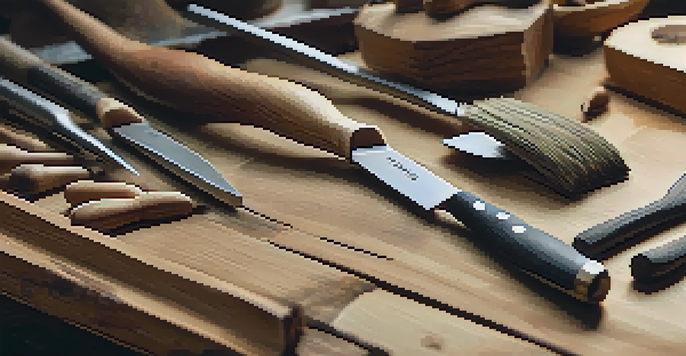 A detailed view of an arranged set of wooden carving tools on a rustic workbench, showcasing the craftsmanship and texture of the tools in soft natural light.