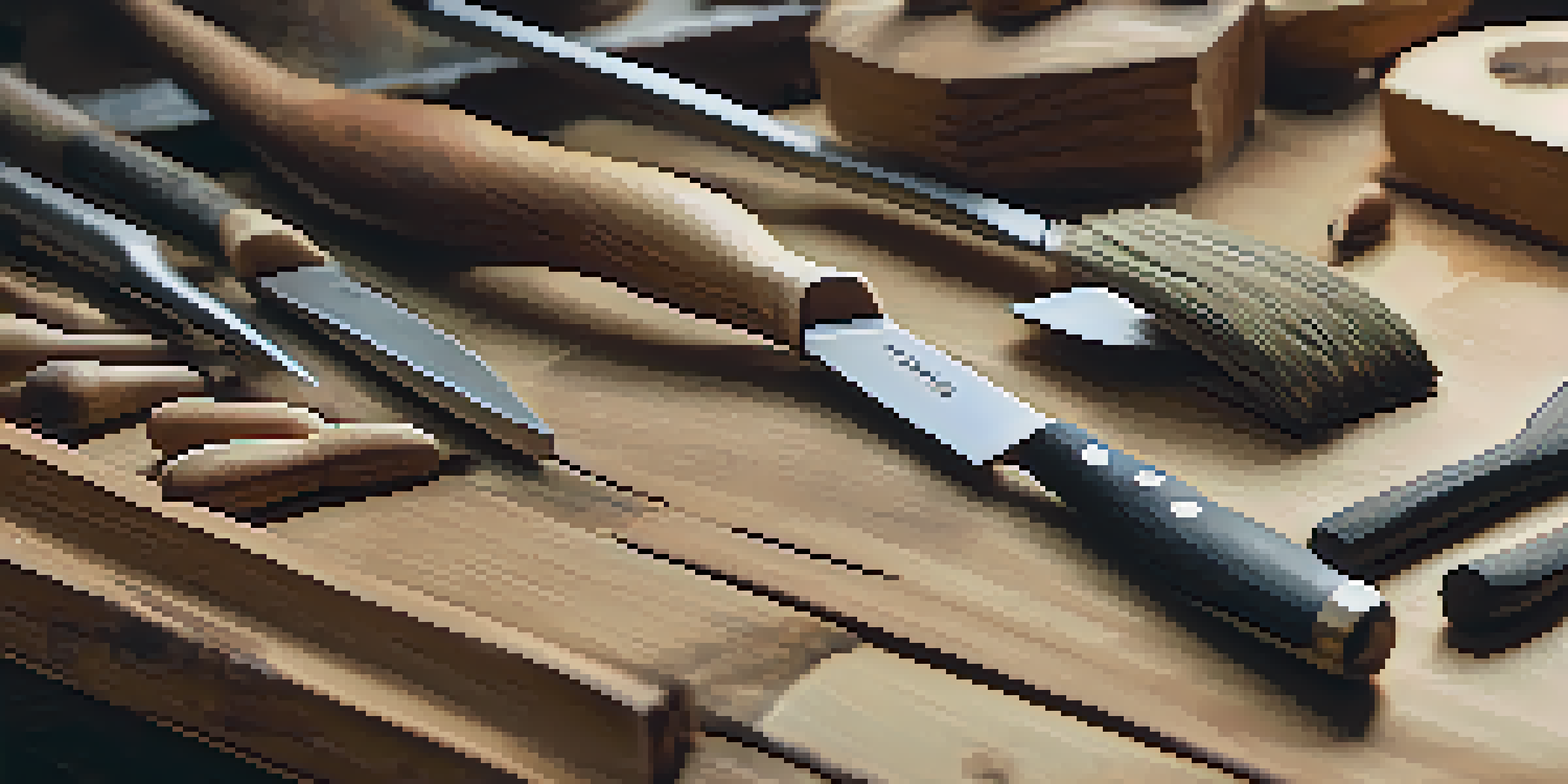 A detailed view of an arranged set of wooden carving tools on a rustic workbench, showcasing the craftsmanship and texture of the tools in soft natural light.