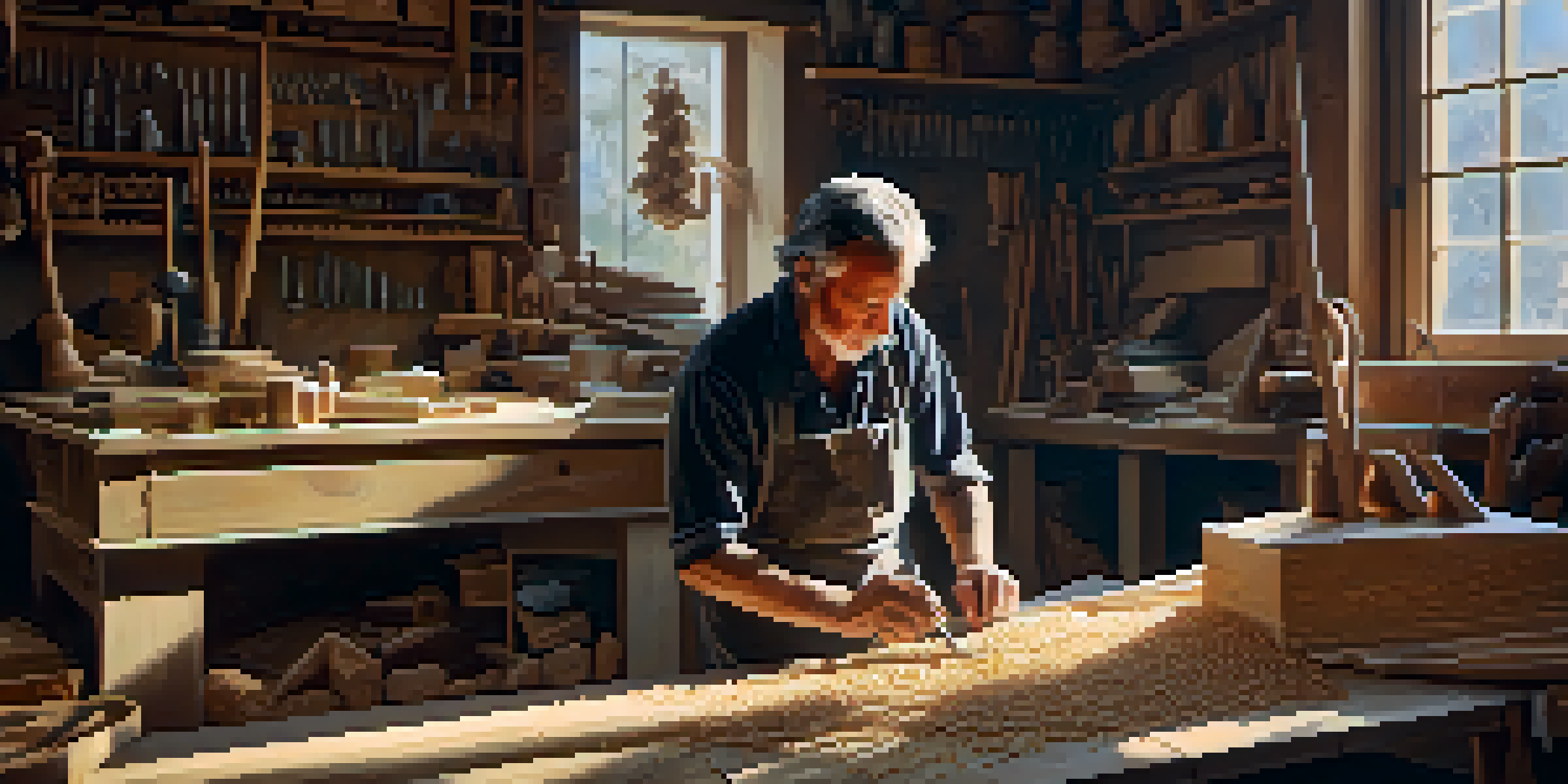 An artisan carving a wooden sculpture in a bright workshop, showcasing intricate wood textures and tools scattered around.