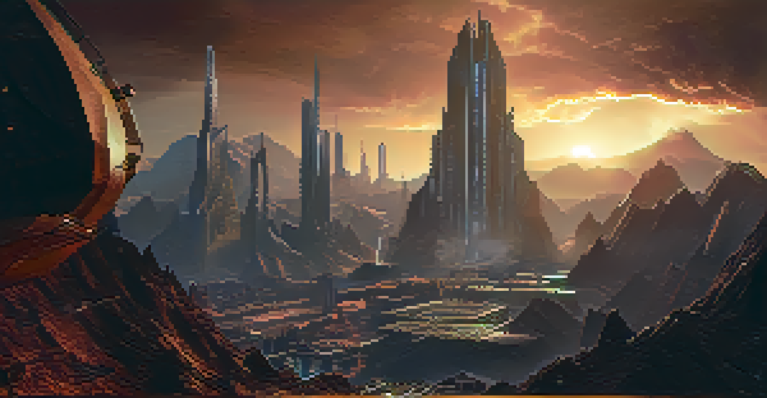 A dark, atmospheric 3D game world with jagged mountains and a futuristic city skyline.